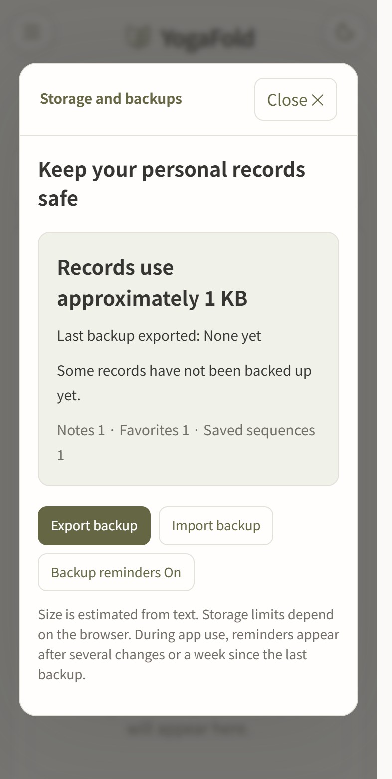 Storage and backups provides export and import controls.