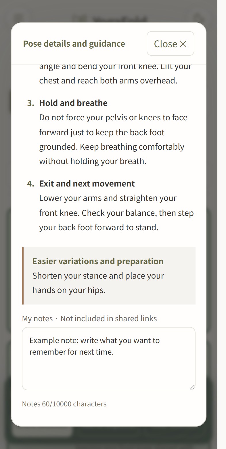 Personal notes appear near the bottom of pose details.
