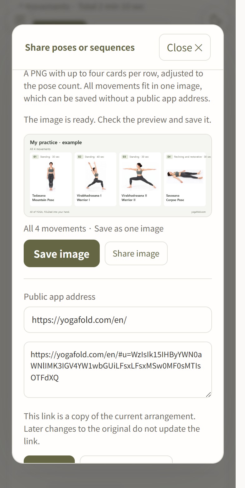 The share image adapts automatically to the number of selected movements.